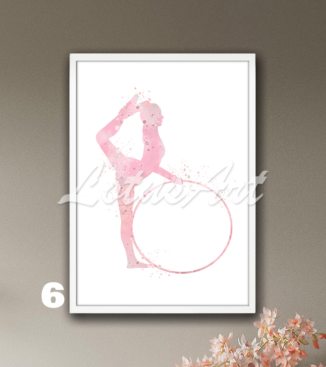 Gymnast girl with hoop watercolor art in pink tones - rhythmic gymnastics decor