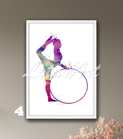 Gymnast girl with hoop watercolor decor - rhythmic gymnastics wall art