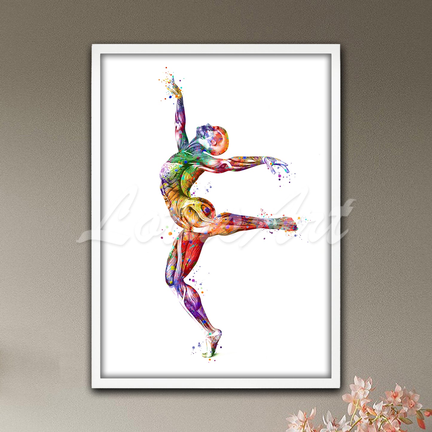 Gymnast muscles anatomy balance pose colorful watercolor art print - physiotherapy medical decor