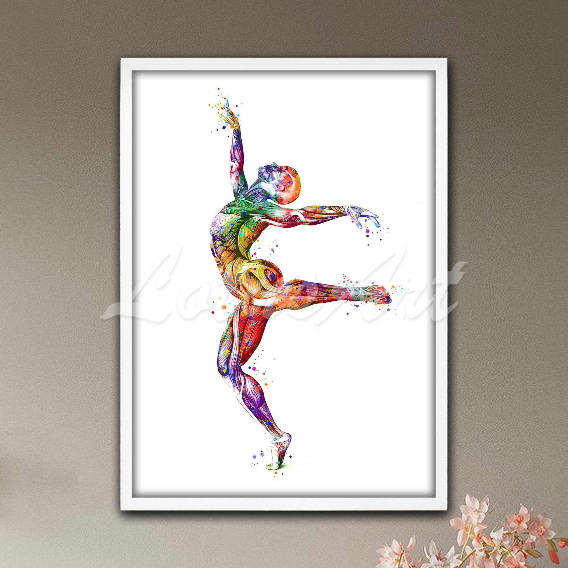 Gymnast muscles anatomy balance pose colorful watercolor art print - physiotherapy medical decor
