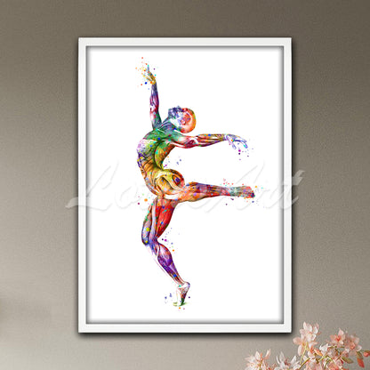 Gymnast muscles anatomy balance pose colorful watercolor art print - physiotherapy medical decor