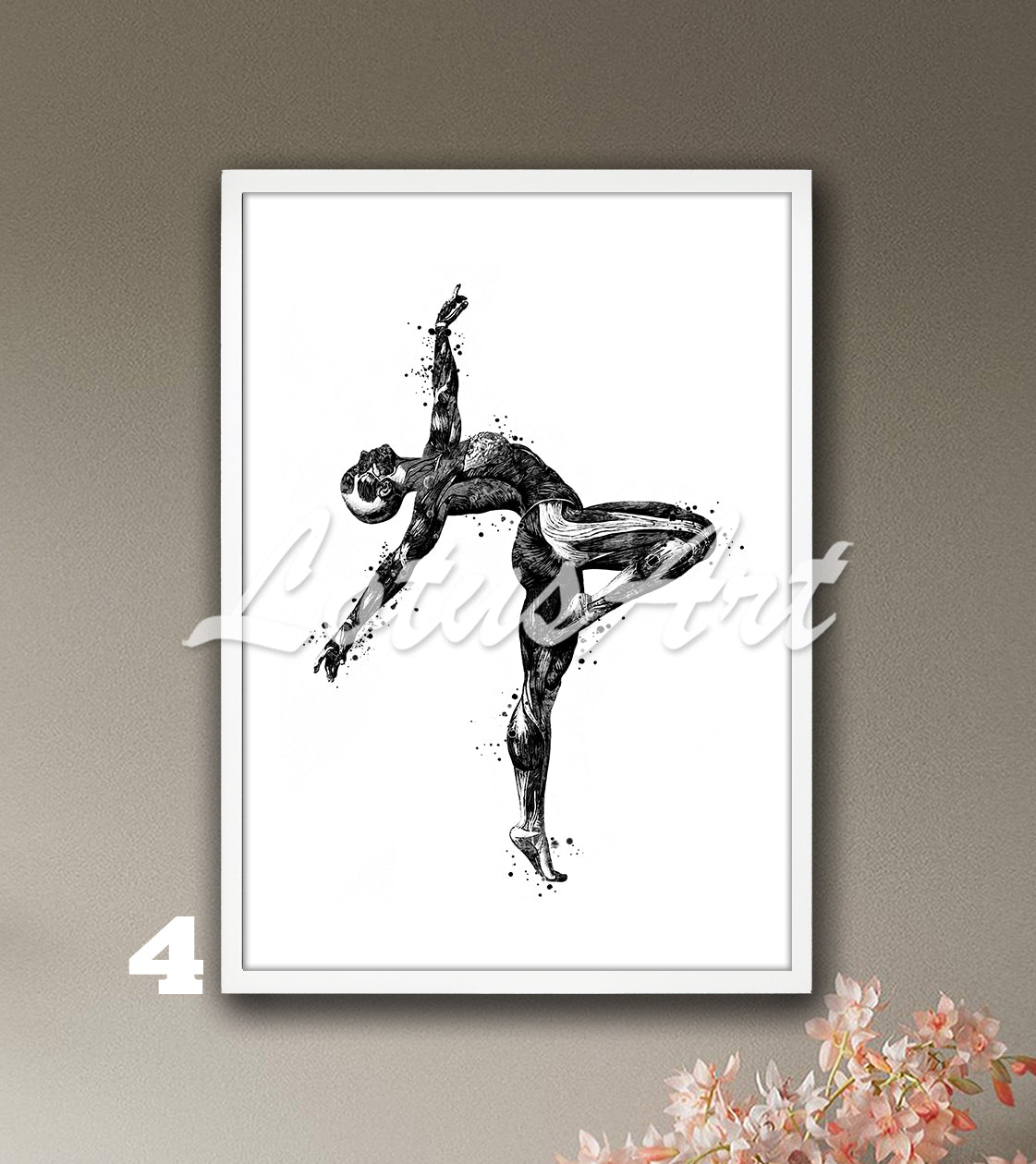 Body muscles anatomy watercolor art print of a girls gymnast, sports medical black white wall decor.