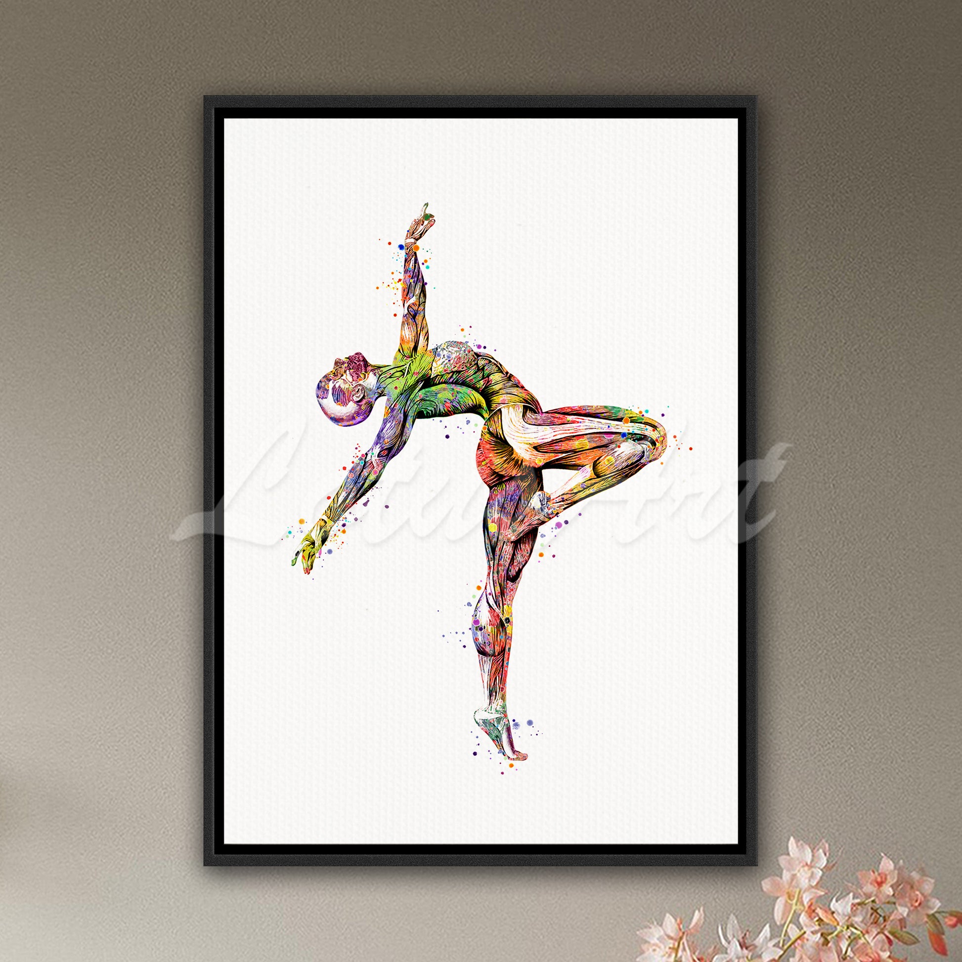 Body muscles anatomy canvas art of a girl gymnast, watercolor print of sports medical painting.