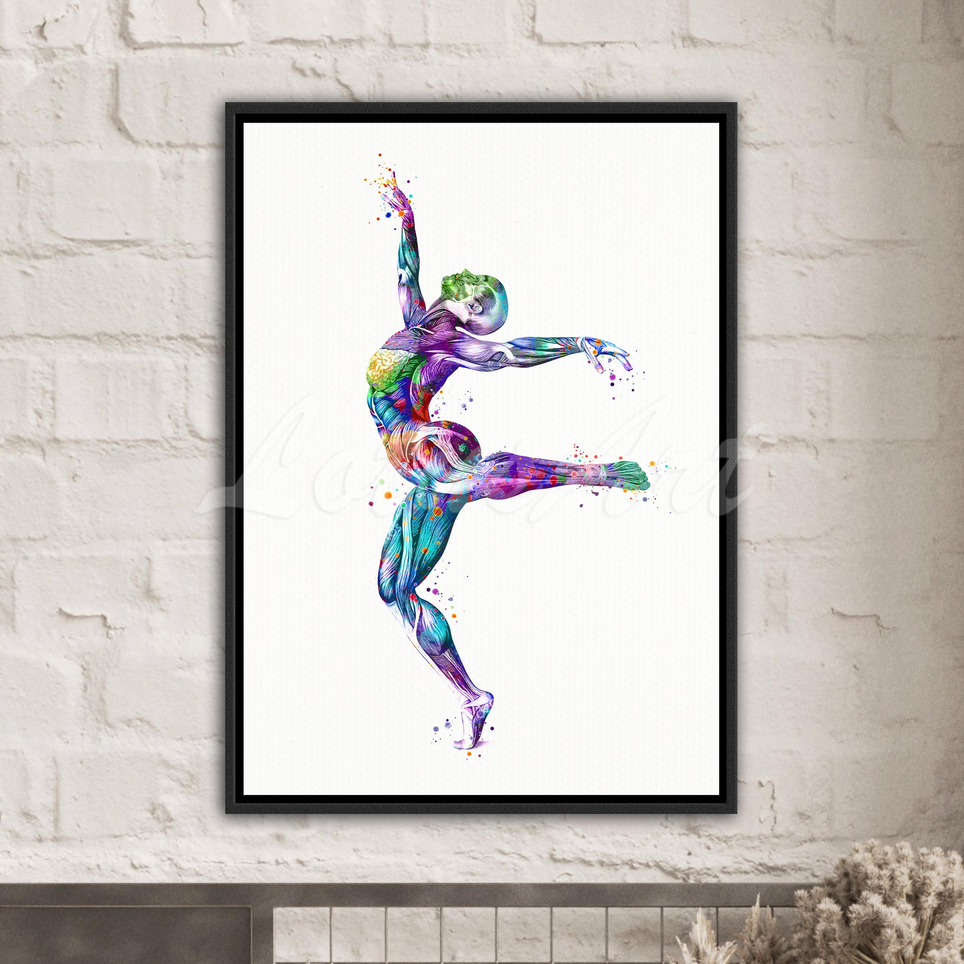 Body muscles anatomy canvas art of gymnastics, framed watercolor print of sports medical multicolor painting.