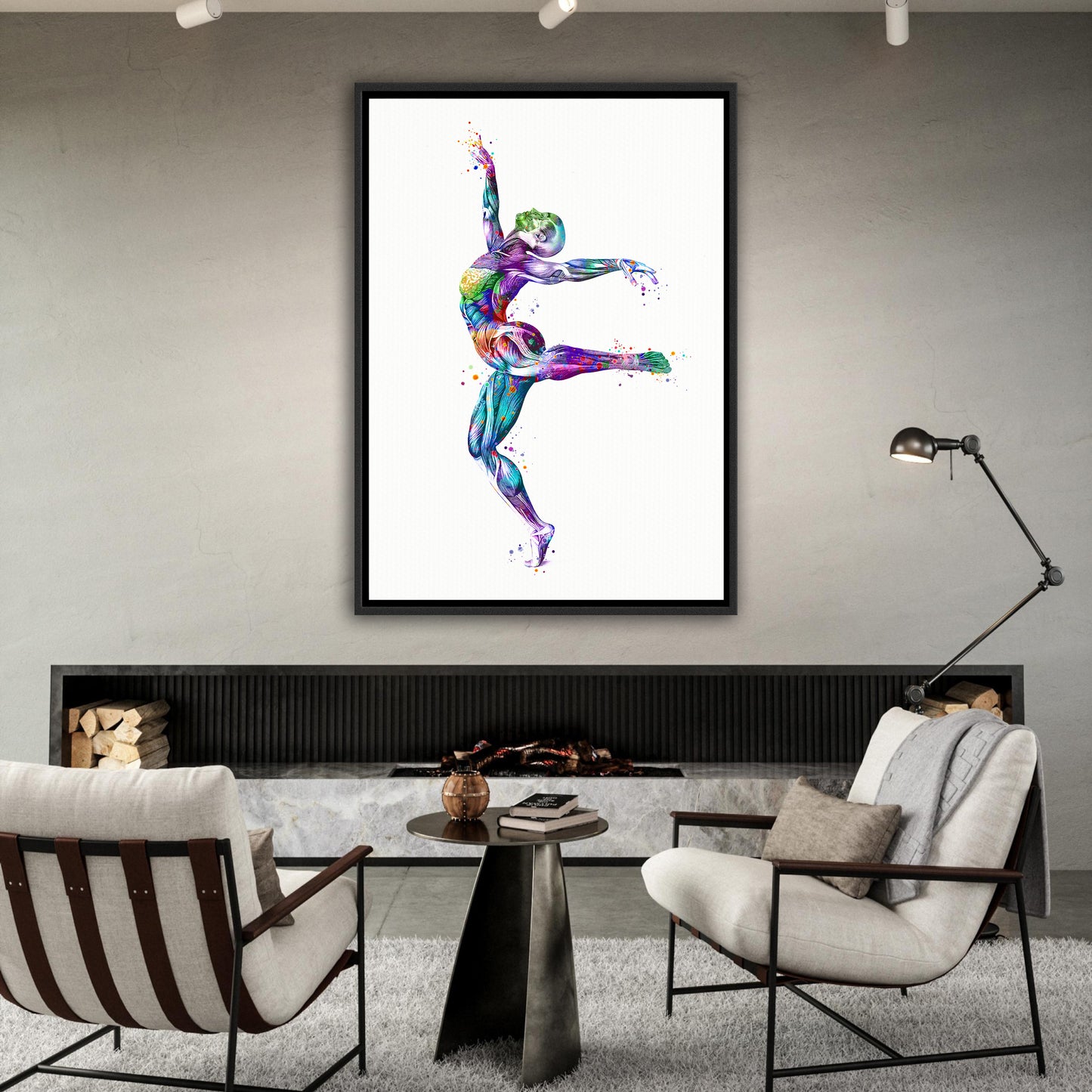 Body muscles anatomy canvas art of a girl gymnast, framed watercolor print of sports medical multicolor artwork.