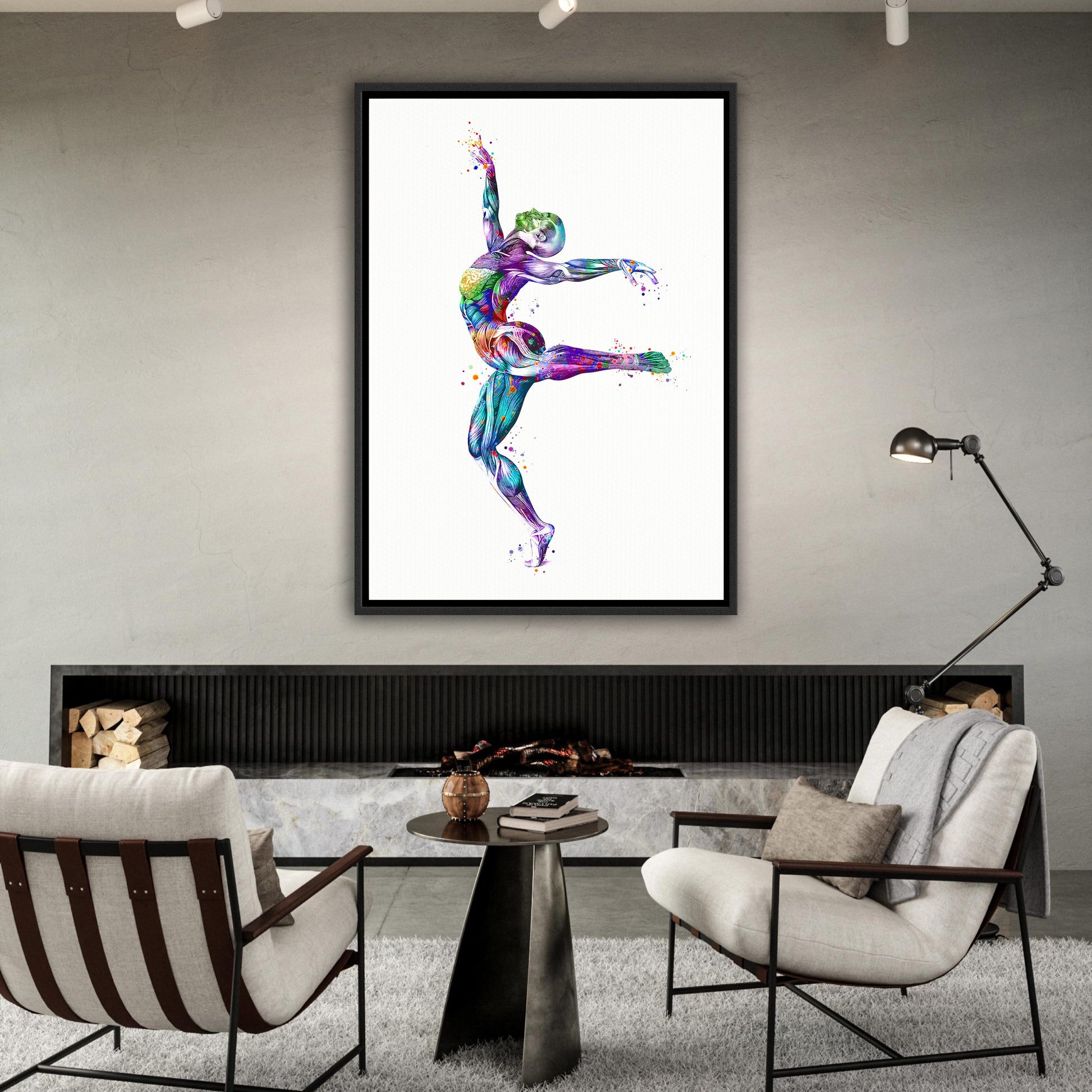 Body muscles anatomy canvas art of a girl gymnast, framed watercolor print of sports medical multicolor artwork.