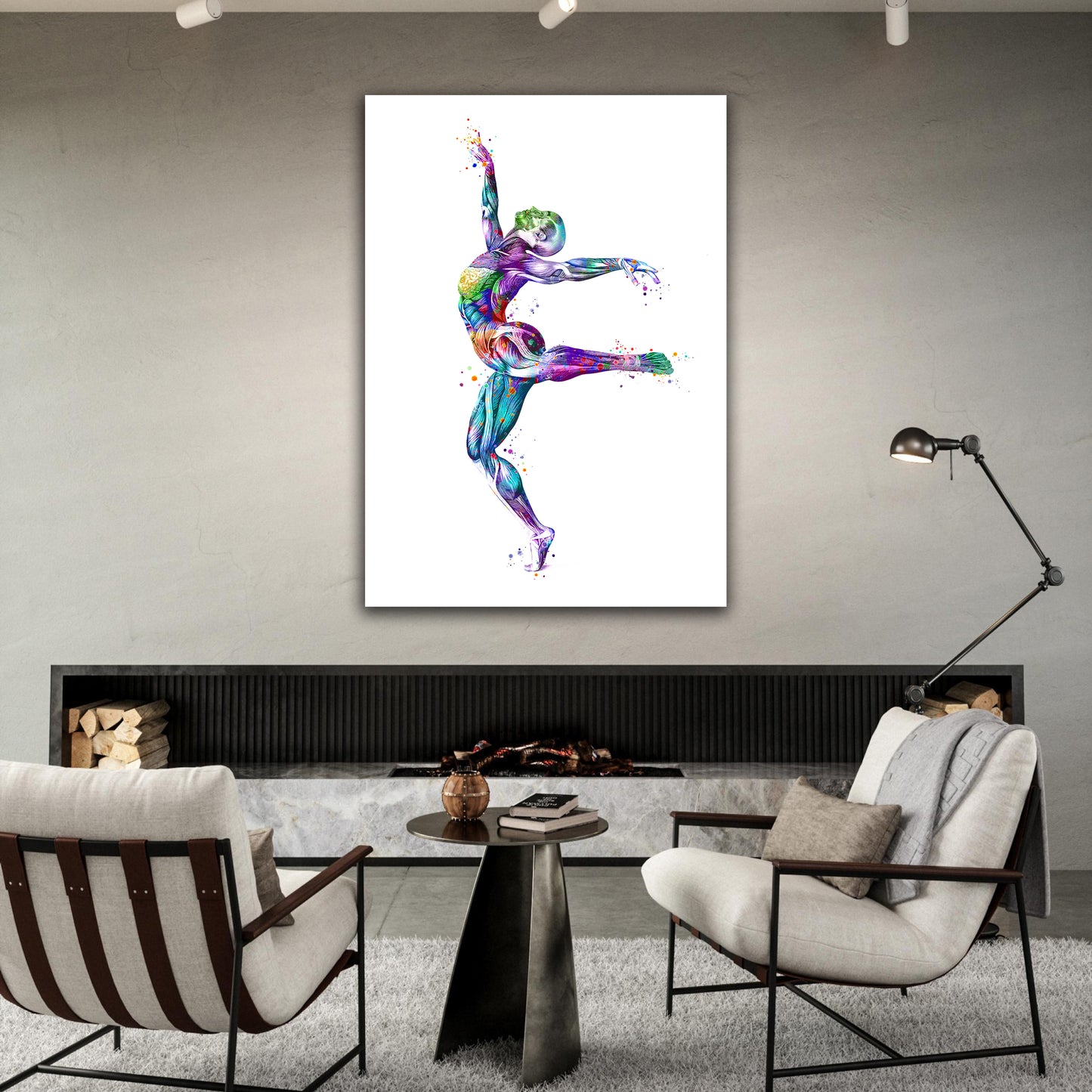 Body muscles anatomy canvas art of female gymnastics, watercolor print of sports medical multicolor painting.