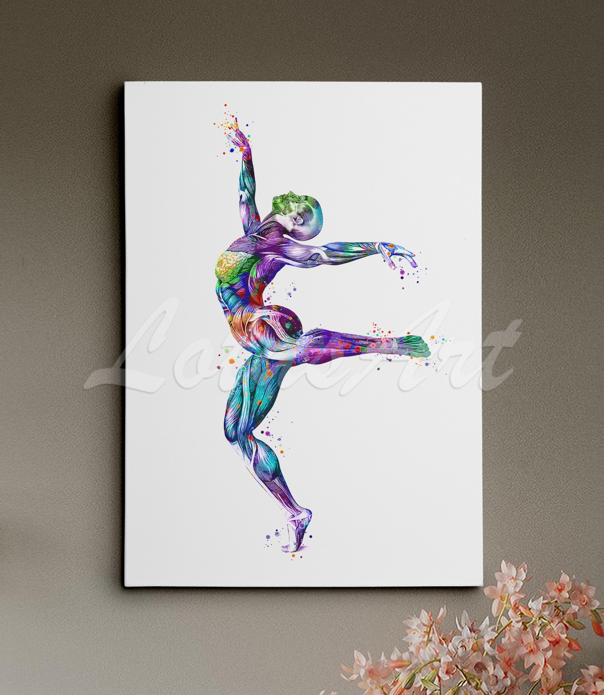Body muscles anatomy canvas art of a girl gymnast, watercolor print of sports medical multicolor painting.