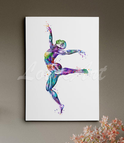 Body muscles anatomy canvas art of a girl gymnast, watercolor print of sports medical multicolor painting.