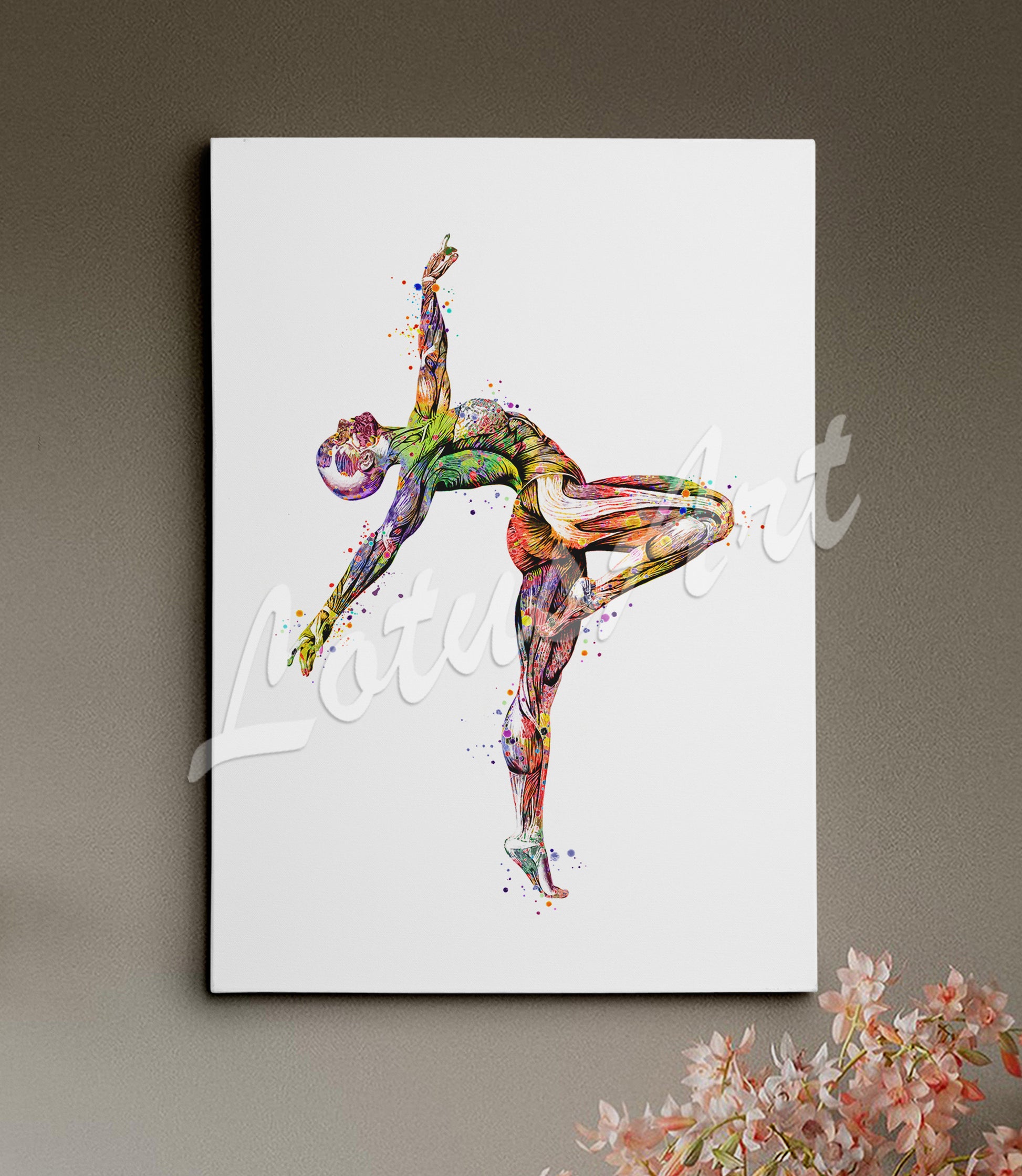 Body muscles anatomy canvas art of female gymnastics, watercolor print of sports medical painting.