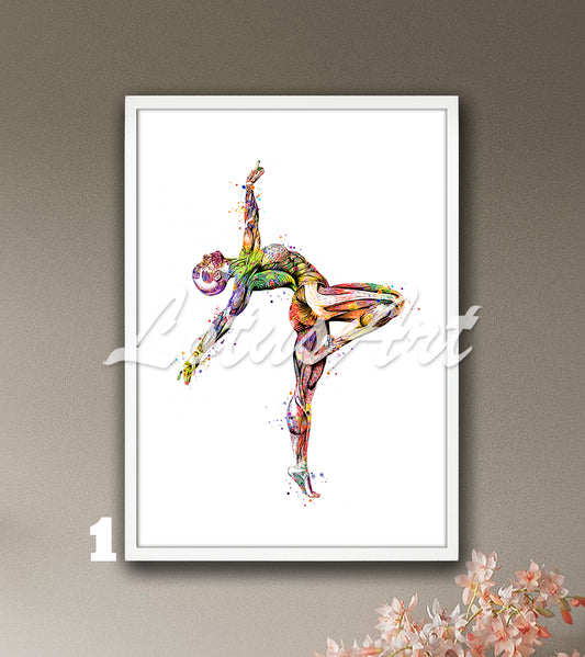 Body muscles anatomy art of a girls gymnastics, watercolor print for sports medical painting.