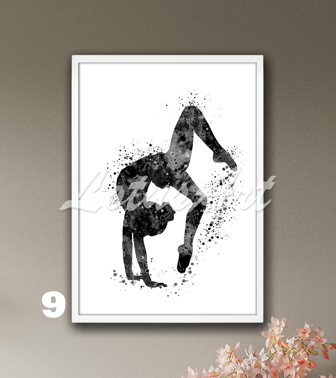 Gymnastics tumbling sports wall art in black tones - minimalist watercolor decor