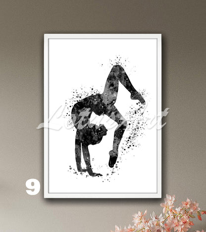 Gymnastics tumbling sports wall art in black tones - minimalist watercolor decor