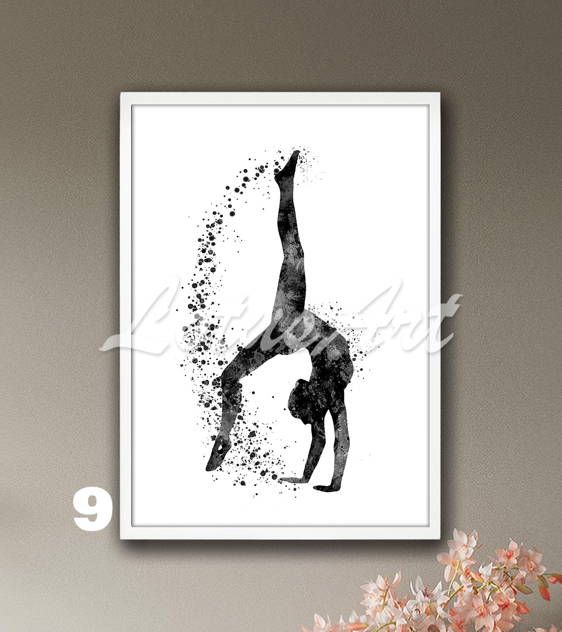 Gymnastics tumbling wall art in black watercolor - minimalist sports decor