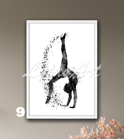 Gymnastics tumbling wall art in black watercolor - minimalist sports decor
