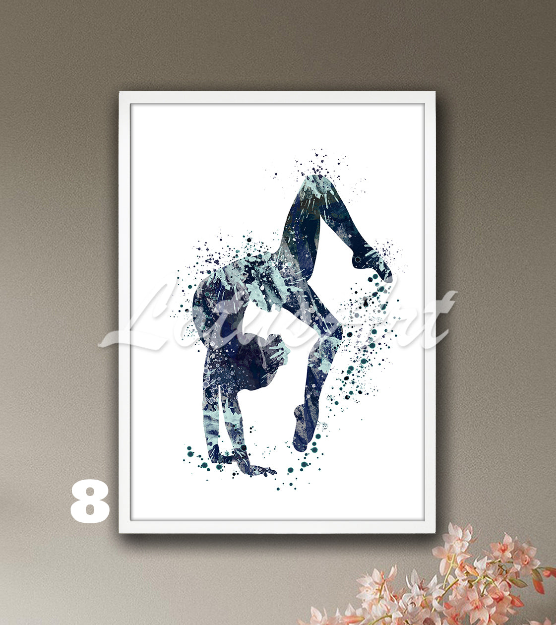 Gymnastics tumbling watercolor sports art in navy tones - gymnast wall decor