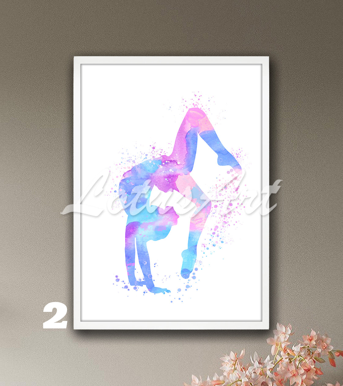Gymnastics tumbling watercolor sports art - pink and blue-purple wall decor