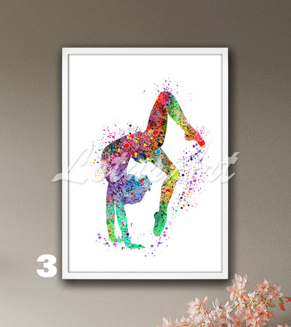 Gymnastics tumbling watercolor sports art - girls room wall decor print in rainbow tones