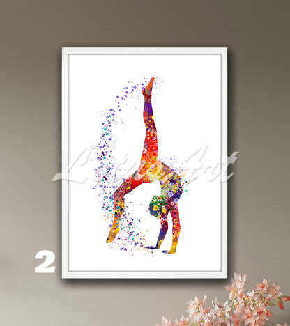 Gymnastics tumbling wall art - colorful watercolor sports decor for girls