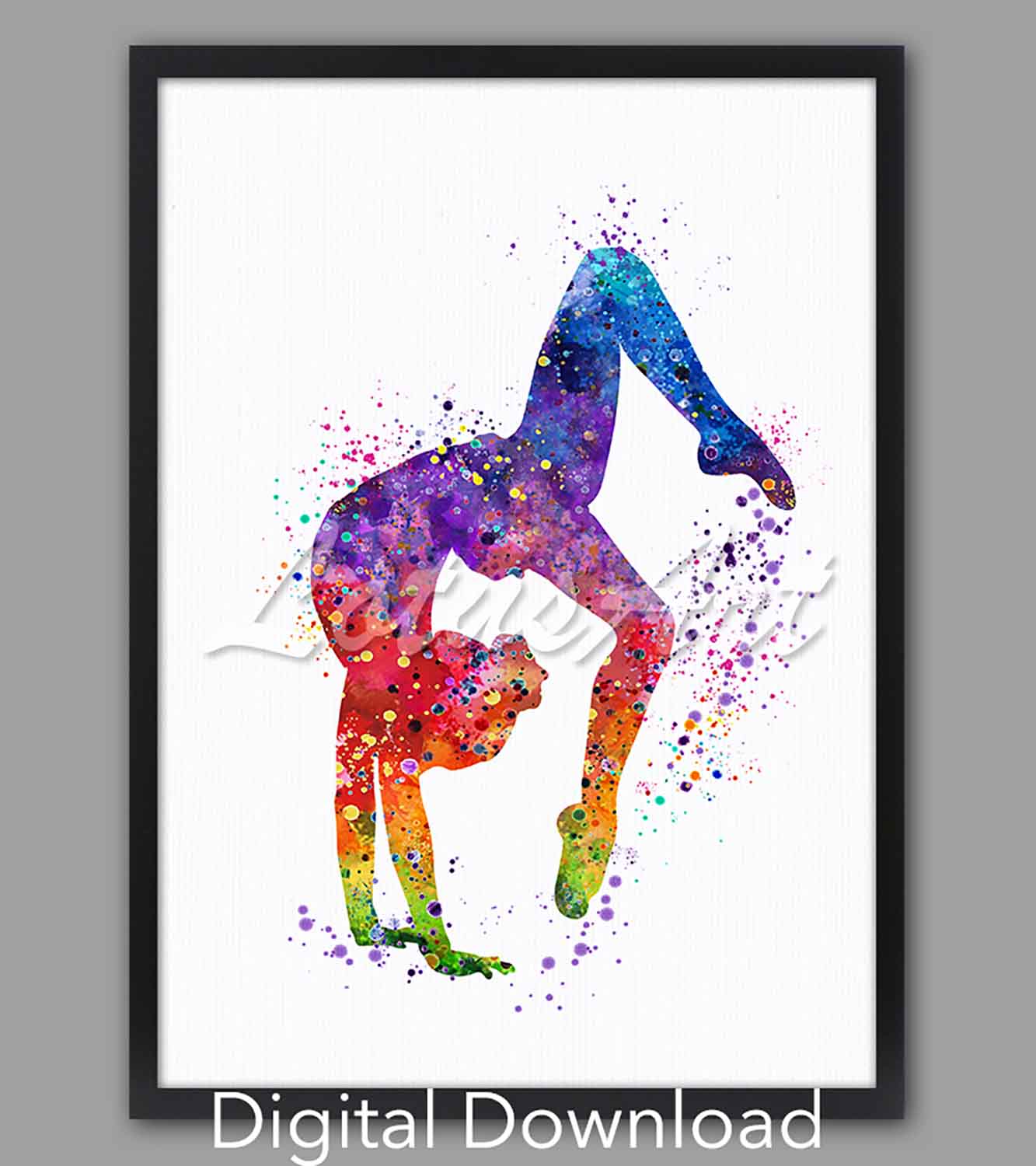 Gymnastics tumbling watercolor digital download, colorful rainbow art print of girl gymnast, sports decor & gift for athletes
