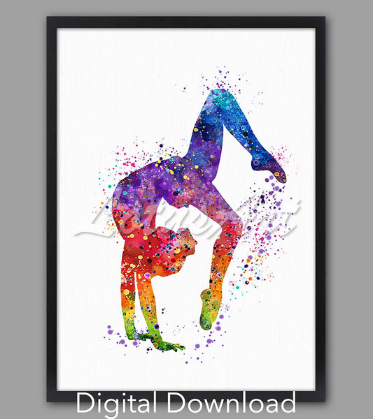 Gymnastics tumbling watercolor digital download, colorful rainbow art print of girl gymnast, sports decor & gift for athletes