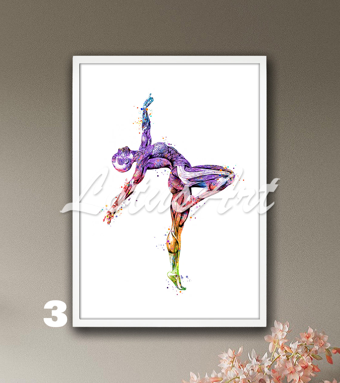 Rainbow body muscles anatomy art print of a girls gymnast, watercolor artwork for sports medical decor.