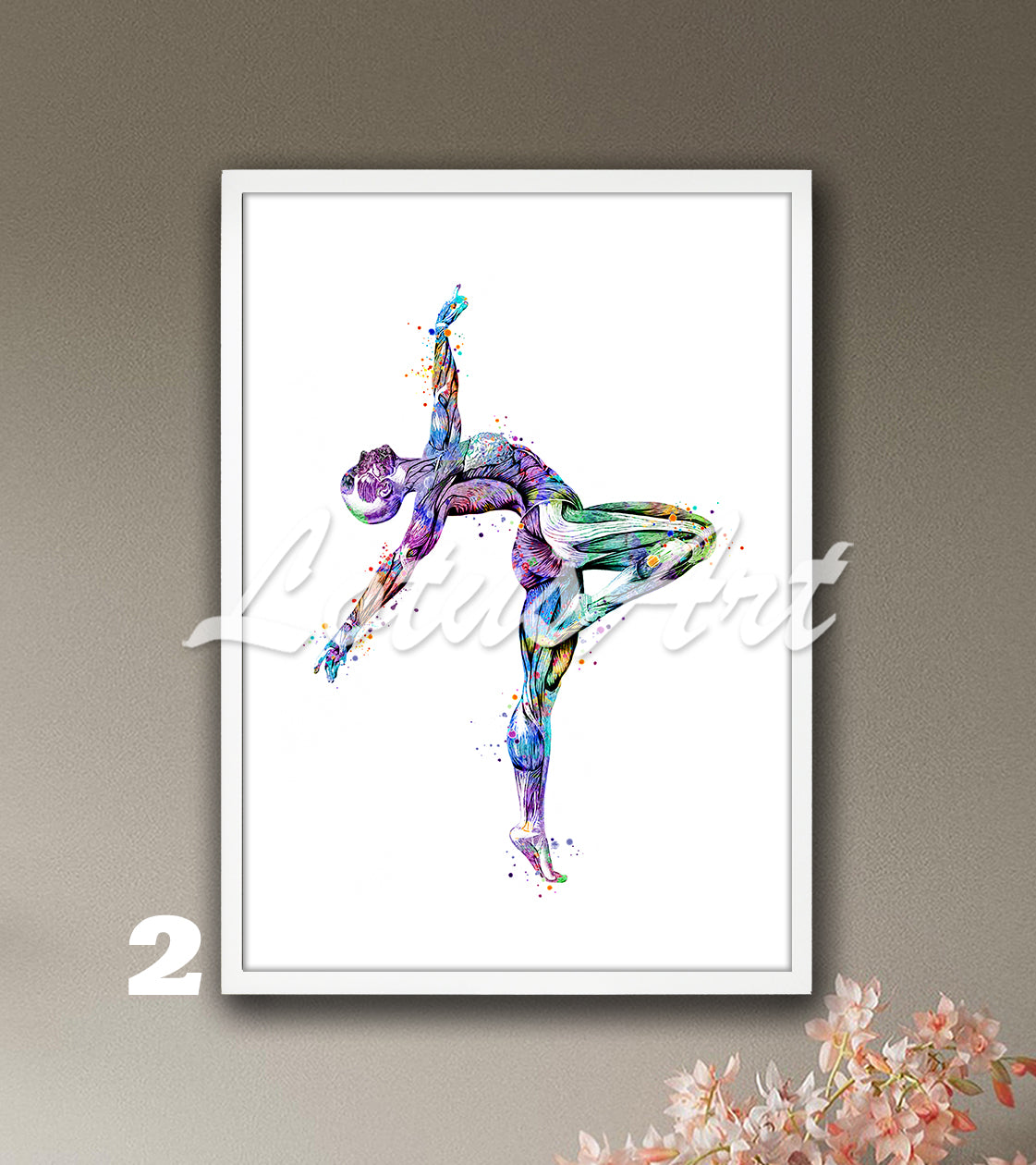 Multicolor body muscles anatomy art of a girls gymnastics, watercolor print for sports medical decor.