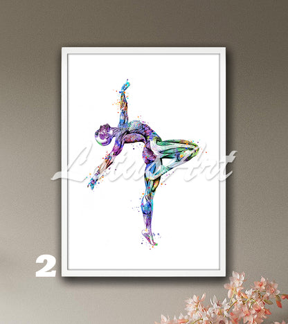 Multicolor body muscles anatomy art of a girls gymnastics, watercolor print for sports medical decor.