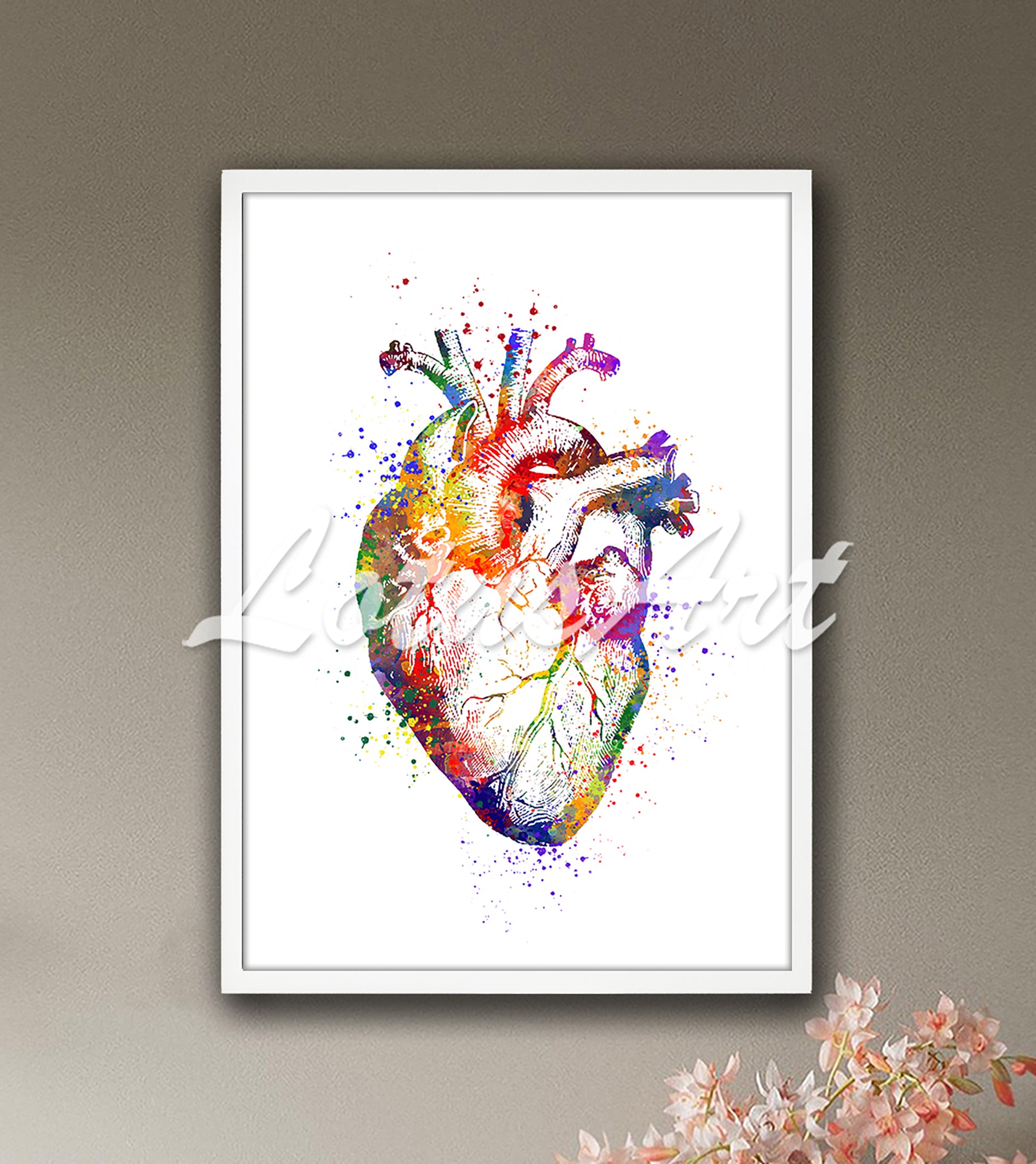 Human heart anatomy with chambers and vessels vibrant watercolor art print - cardiology medical wall decor