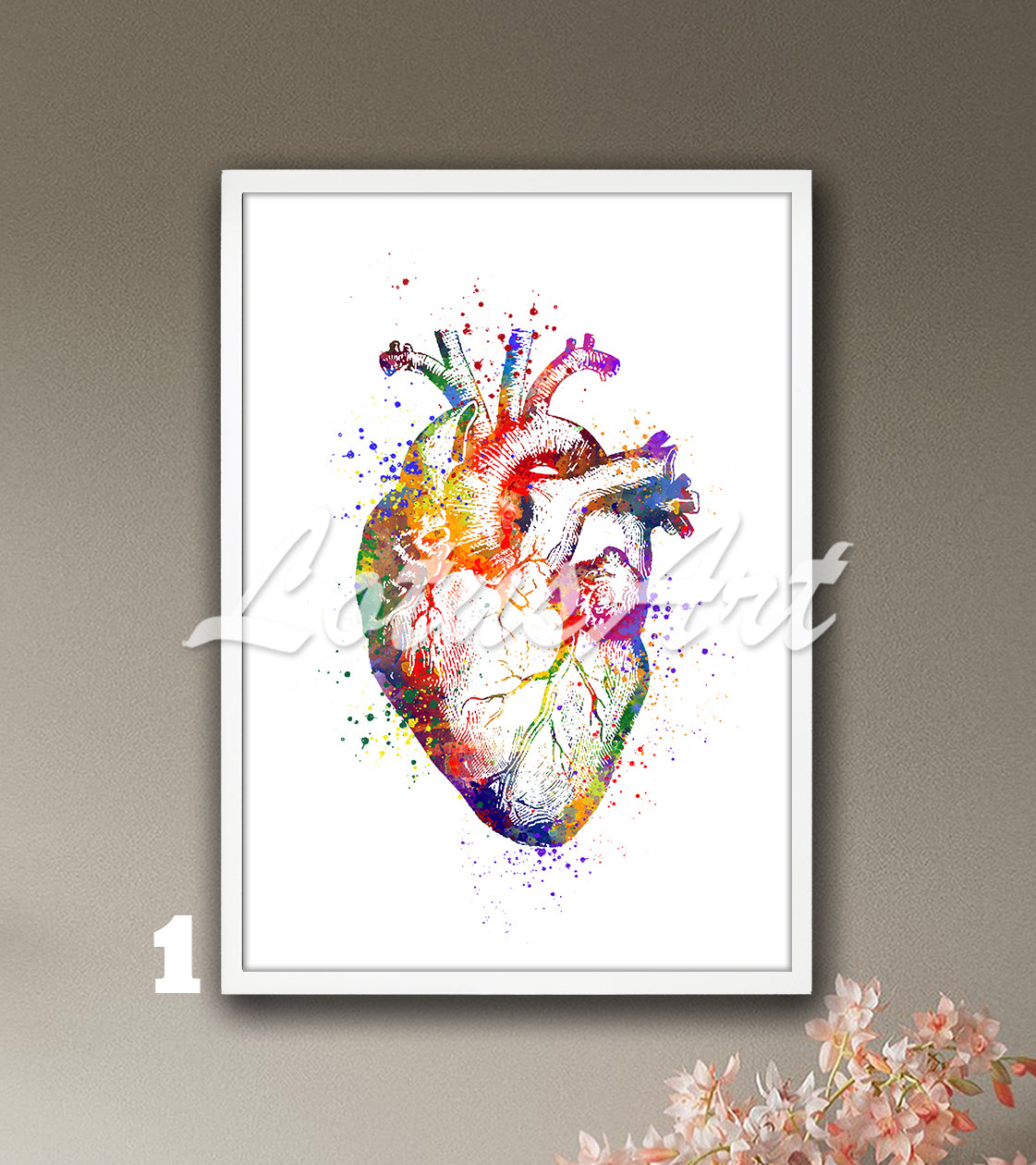 Multicolored art print of a beautiful watercolor painting depicting the anatomy of the human heart.