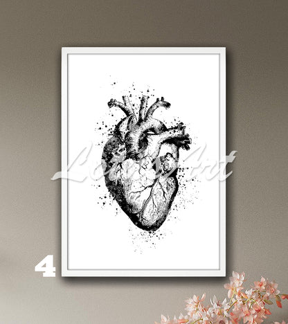 Art print of a modern watercolor painting showing the anatomy of the human heart in black-white colors.
