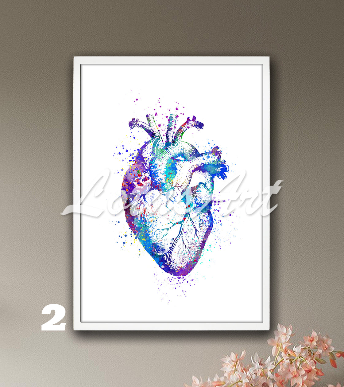 Blue-purple art print of a stunning watercolor painting depicting the anatomy of the human heart.