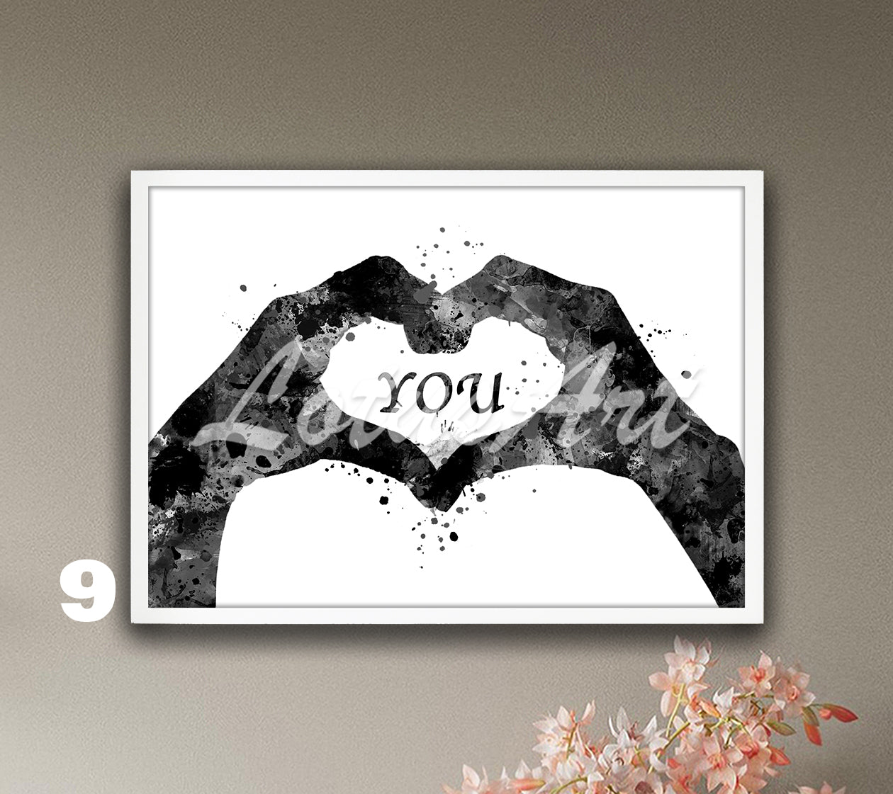 Black-white heart hands love watercolor art print, minimalist Valentine's and couples gift