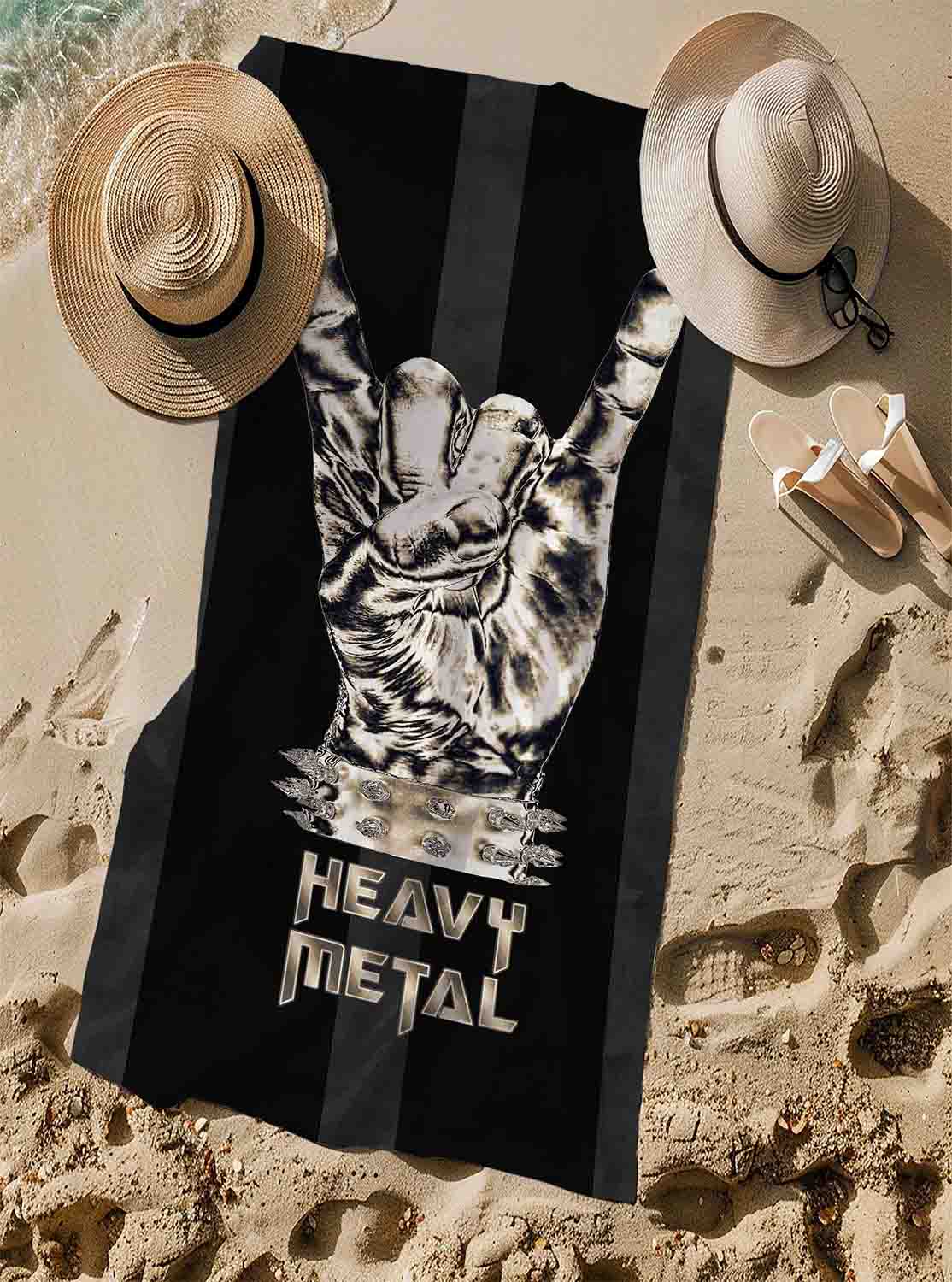 Heavy metal sign beach towel rock music black design, summer pool gift lifestyle sand