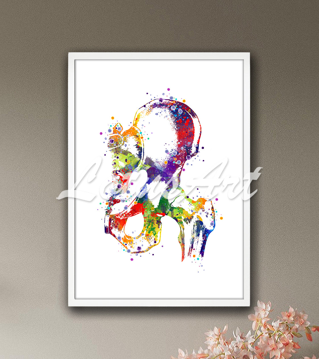 Hip joint anatomy with bones and ligaments colorful watercolor art print - sports medicine clinic painting