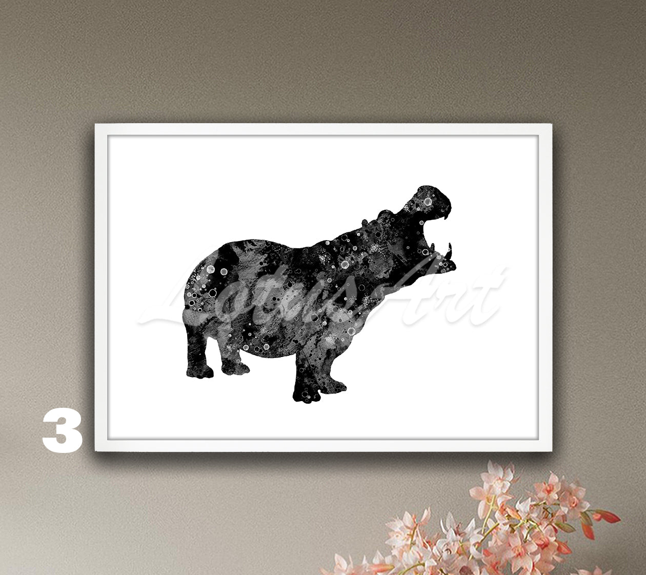 Black-white hippo watercolor wall art poster for wild African animals, unique safari lover gift
