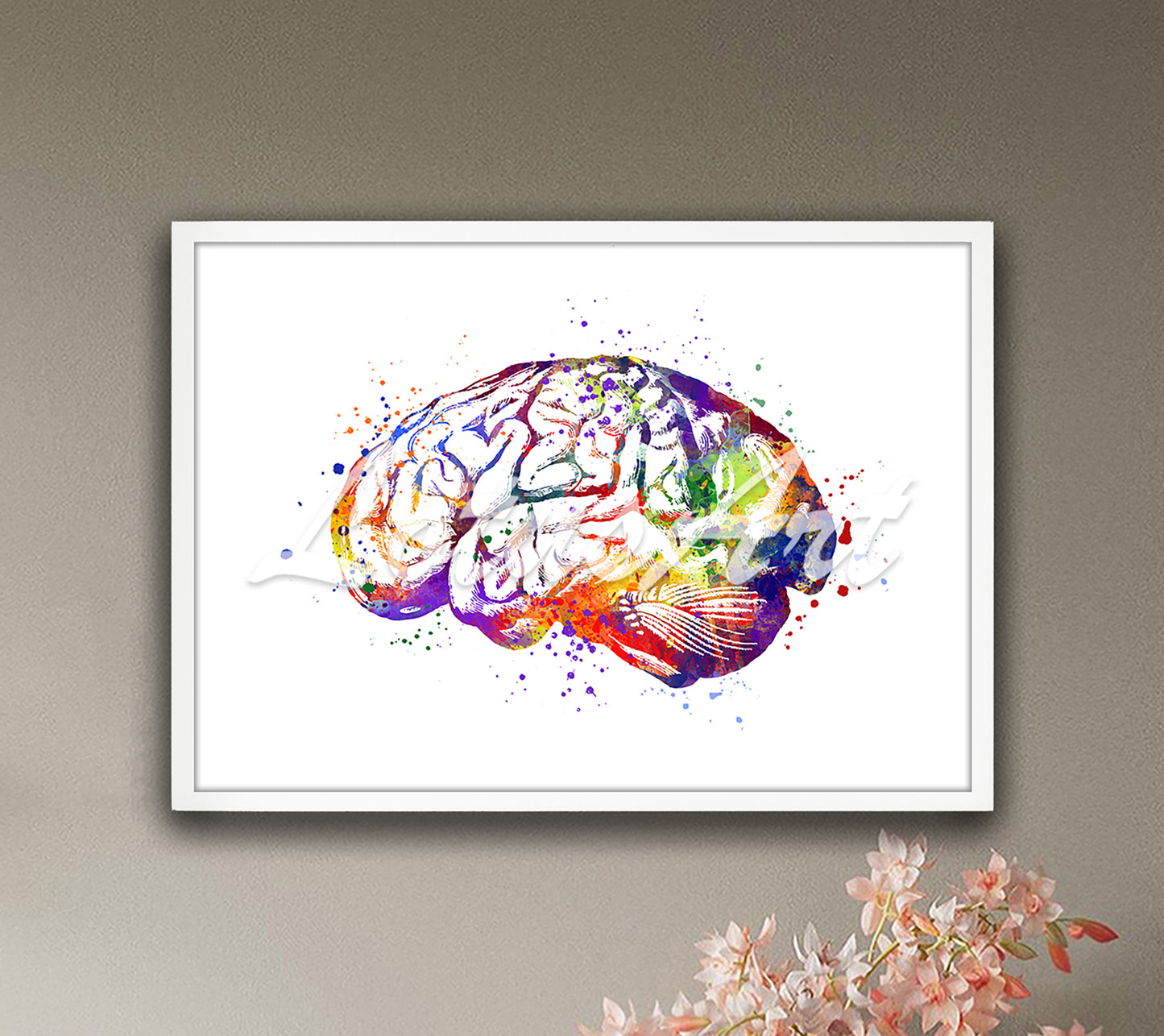 Human brain anatomy art print in multicolor watercolor - clinic office artwork