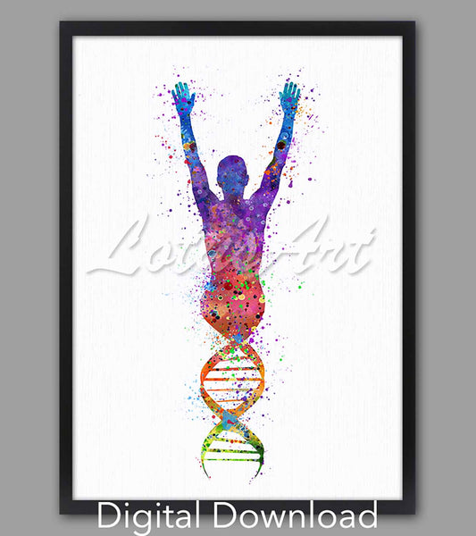 Human DNA watercolor art print, rainbow double helix, science biology poster, instant digital download for medical office