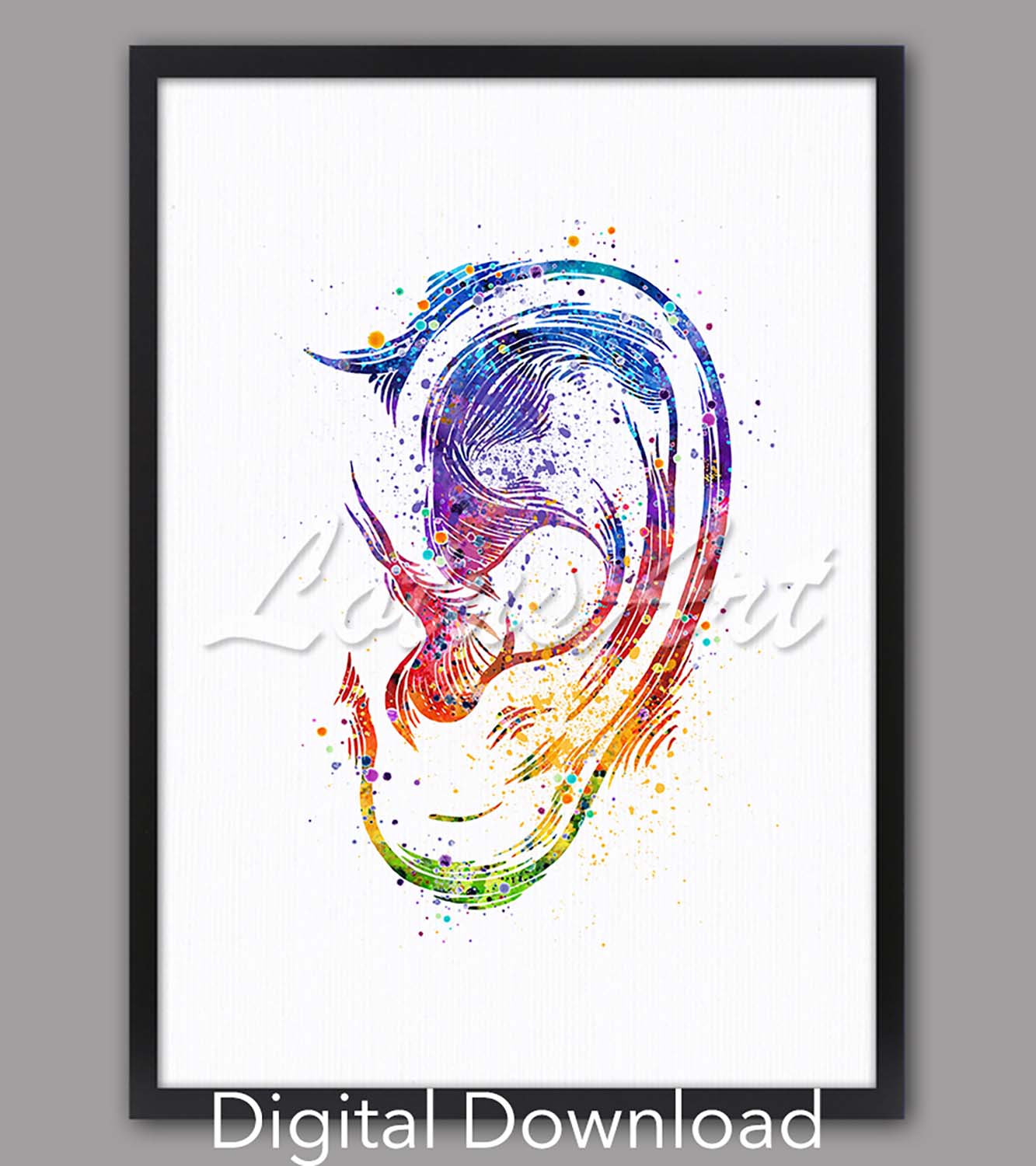 Human ear anatomy watercolor art instant digital download, colorful rainbow decor, medical office & audiology clinic gift
