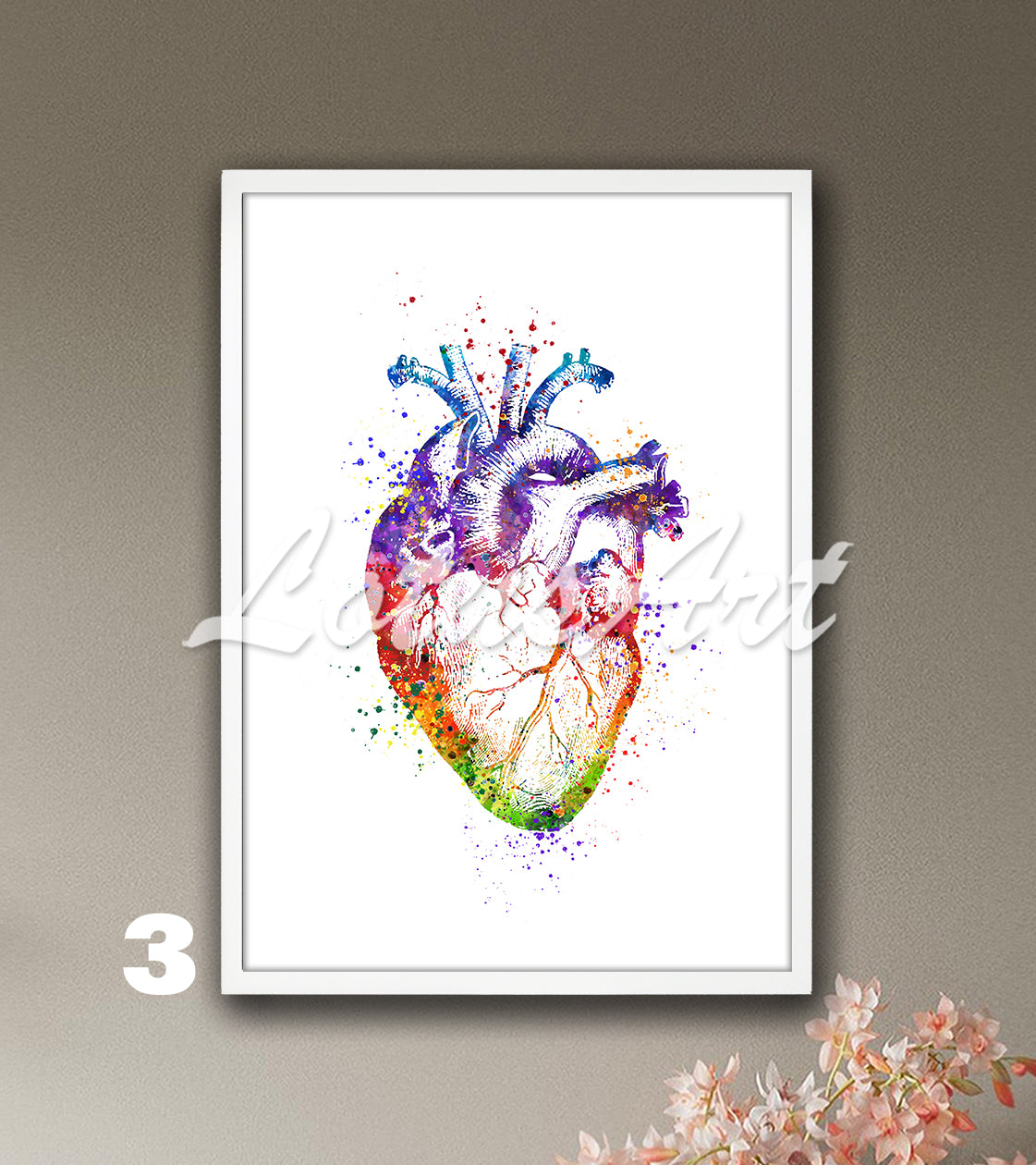 Art print of a stunning watercolor painting depicting the anatomy of the human heart in rainbow colors.