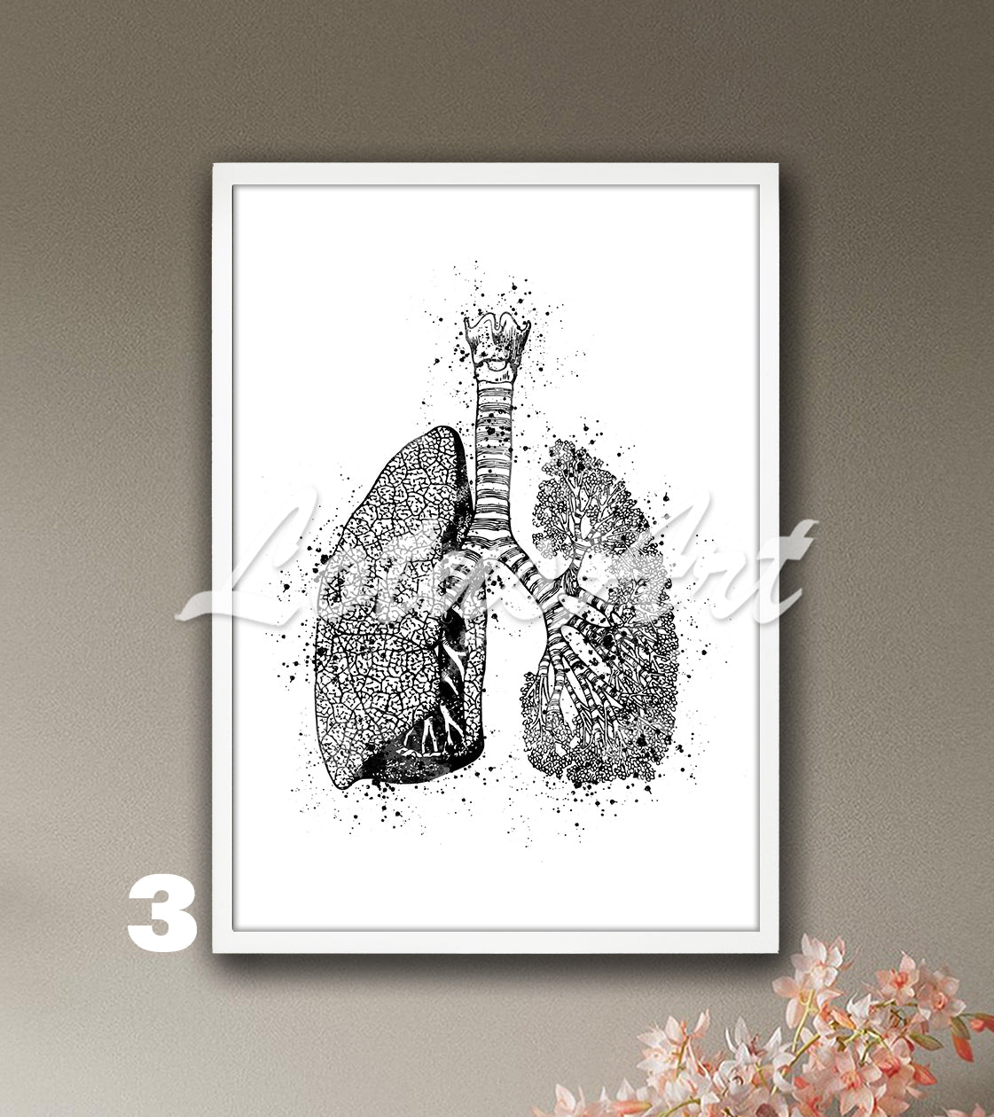 Human lungs anatomy watercolor medical poster in black-white, medical wall decor for surgery clinics & anatomy gift
