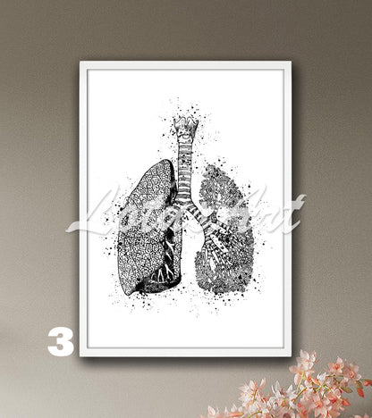 Human lungs anatomy watercolor medical poster in black-white, medical wall decor for surgery clinics & anatomy gift