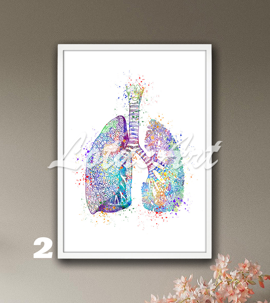 Human lungs anatomy watercolor painting in purple-blue tones, medical wall decor for surgeons, clinics & anatomy gift