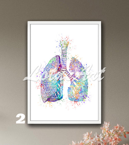 Human lungs anatomy watercolor painting in purple-blue tones, medical wall decor for surgeons, clinics & anatomy gift
