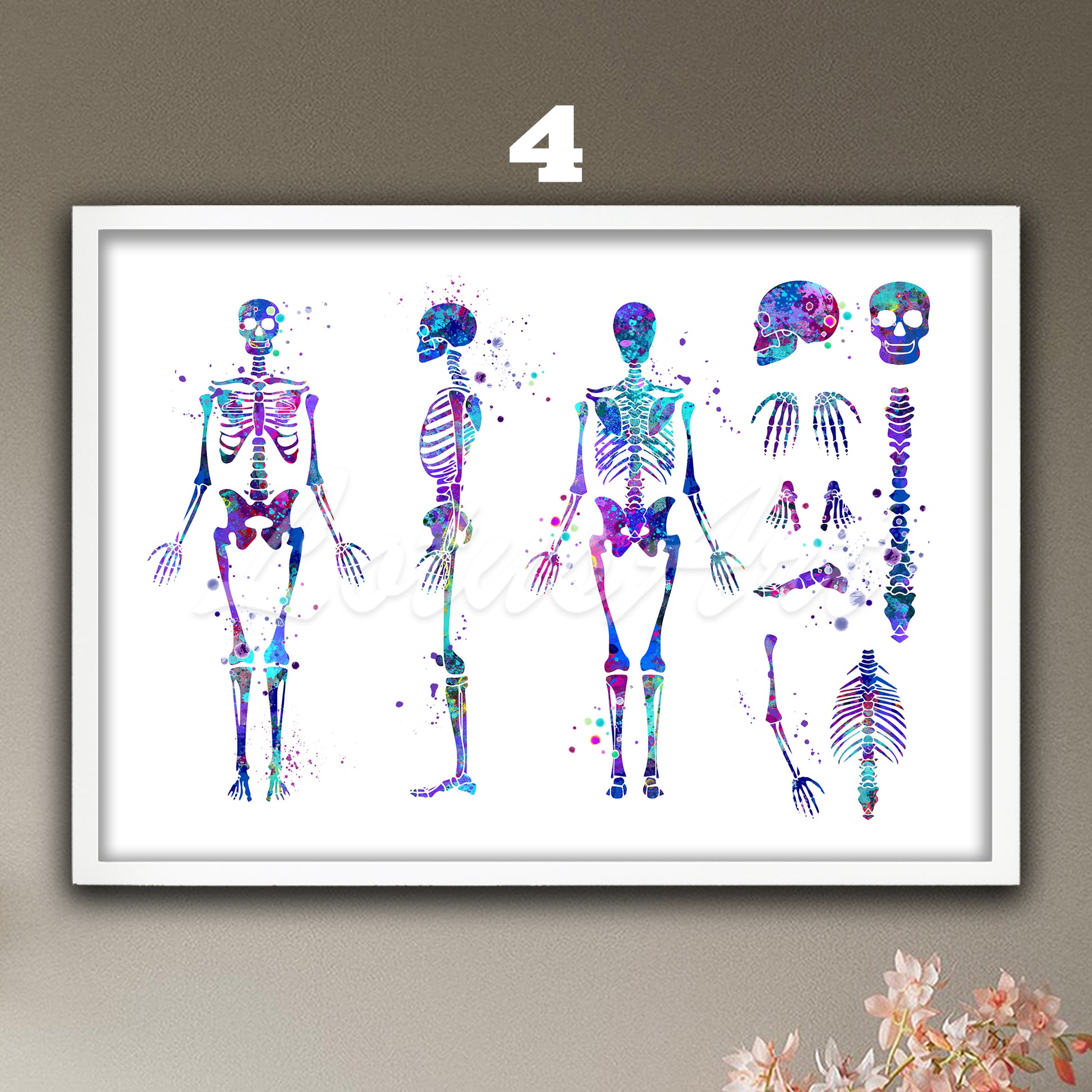 Human skeleton anatomy medical painting in blue-purple watercolor art, medical wall decor for doctor office & clinic gift
