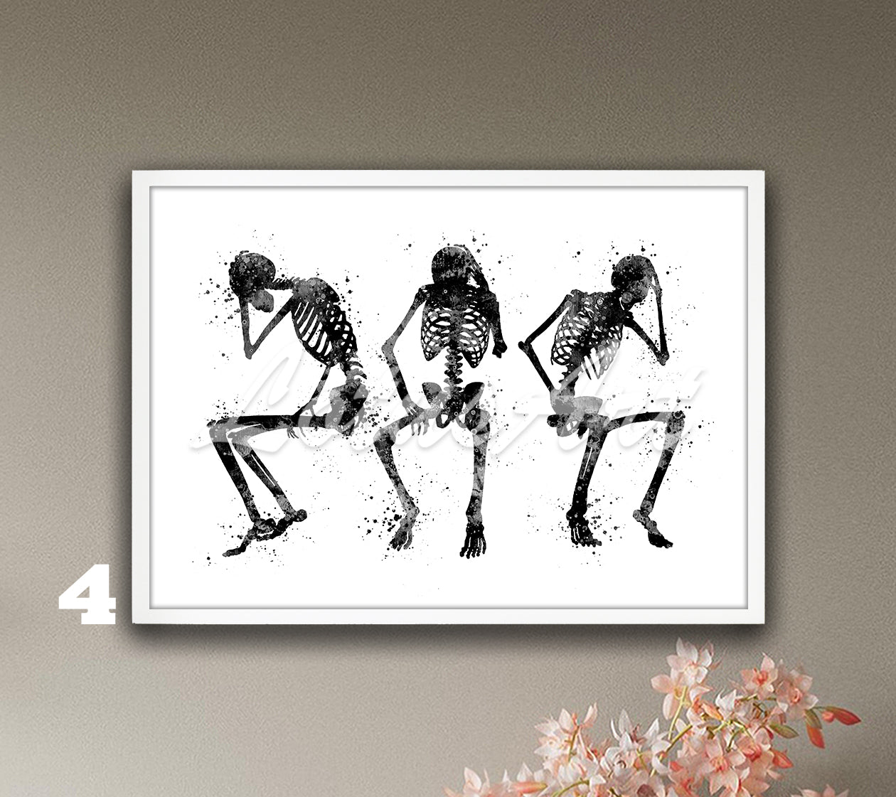 Three fun human skeletons anatomy watercolor art black and white tones, medical wall decor for clinics & doctors gift