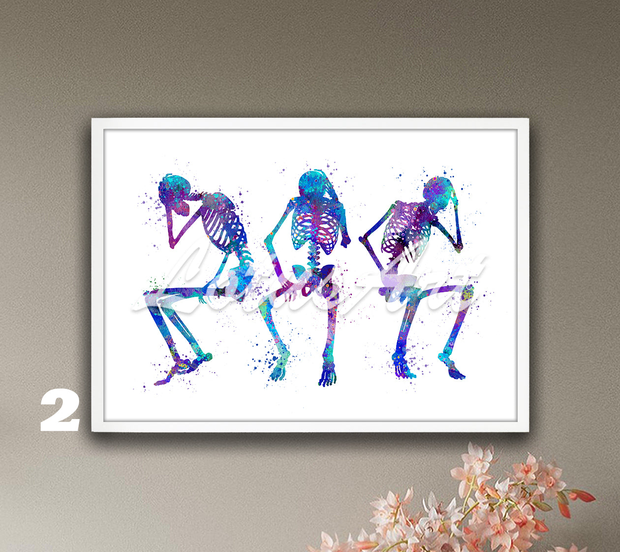 Three fun human skeletons anatomy watercolor art print in blue-purple tones, medical wall decor for clinics & doctors gift