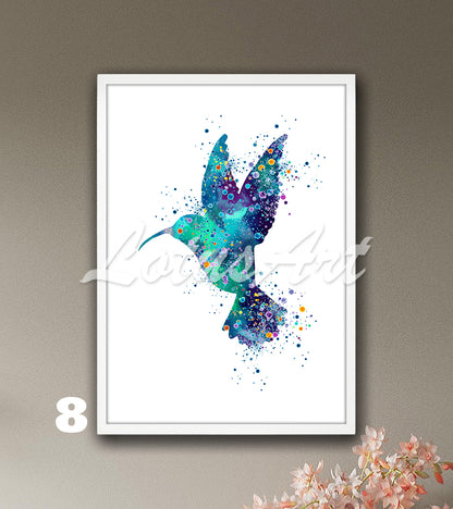 Hummingbird Watercolor Art Print, Exotic Wild Birds Nursery Wall Decor, Kids Room Gift