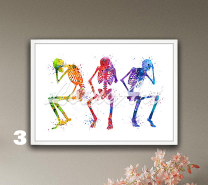 Fun art print of anatomy of three human skeletons - watercolor medical painting in rainbow colors.