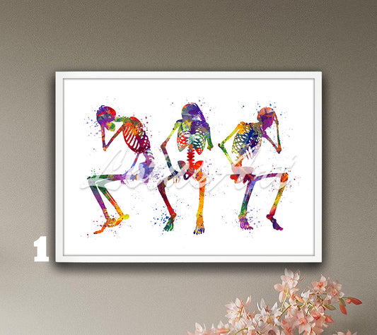 Fun art print of anatomy of three human skeletons - multicolor watercolor medical painting.